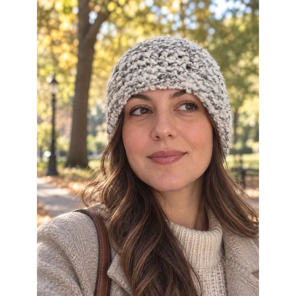 Handmade Chunky Knit Beanie Gray Cream Acrylic Winter Hat Size M